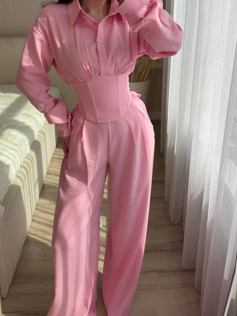 Corset-Waist Long Sleeve Shirt & Wide-Leg Palazzo Trousers Set