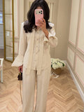 Bow-Tie Neck Linen Blend Shirt & Wide-Leg Trousers Set
