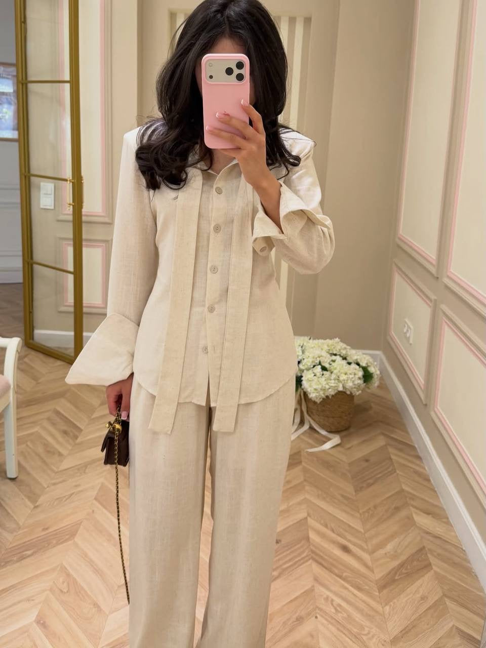 Bow-Tie Neck Linen Blend Shirt & Wide-Leg Trousers Set