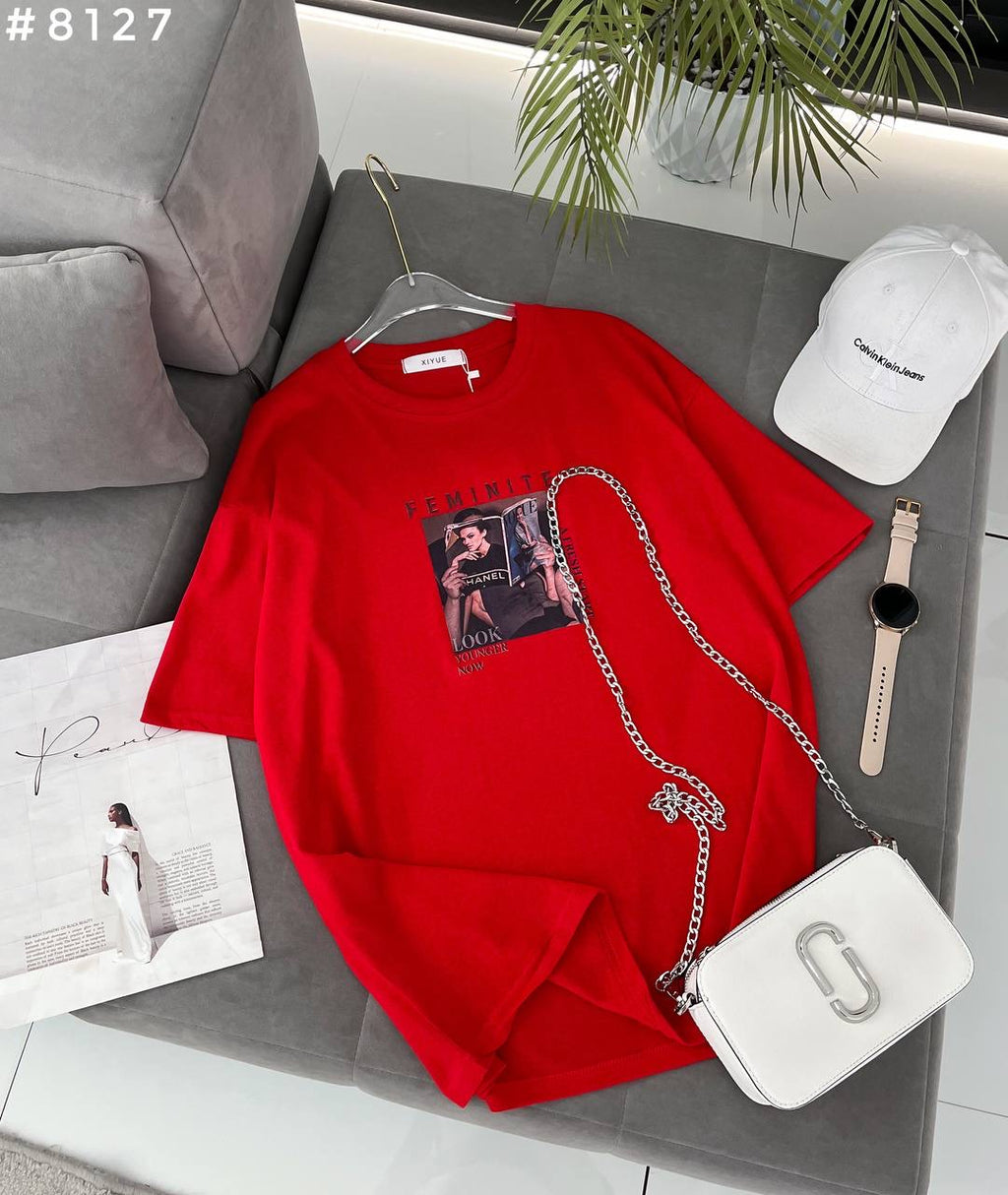 Feminite Magazine Print Oversized T-Shirt #8127