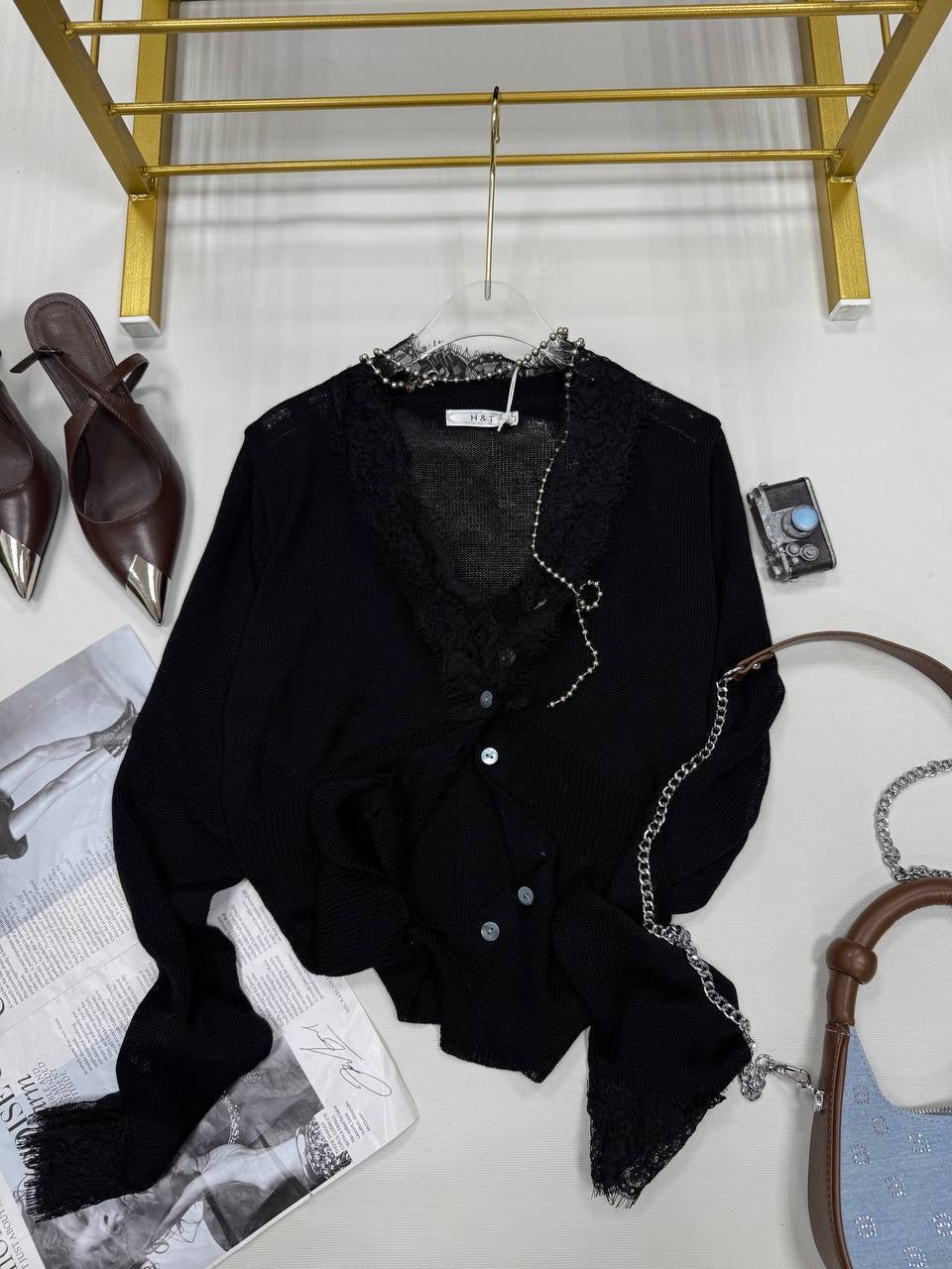 Lace Trim Sheer Knit Button-Up Cardigan