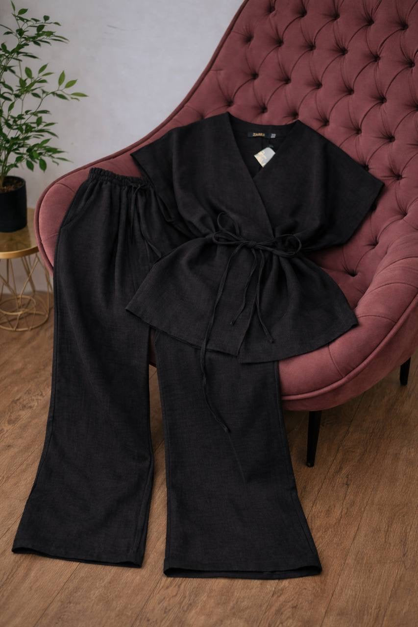 Linen Kimono Wrap Top & Wide-Leg Trousers Co-ord Set
