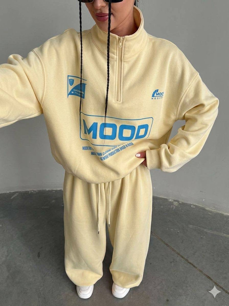 MOOD Graphic Half-Zip Oversized Sweatshirt & Wide-Leg Jogger Set