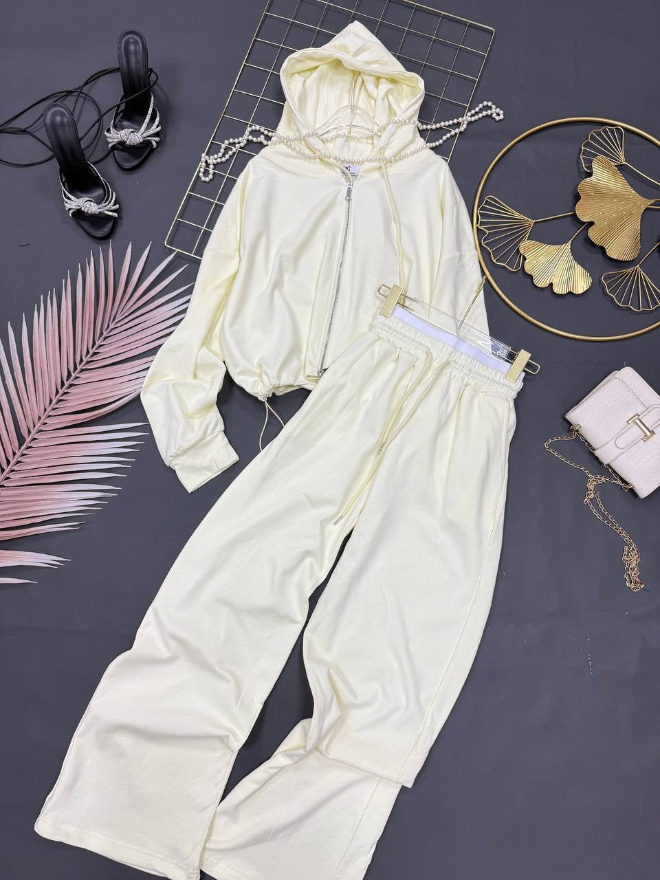 Cropped Zip Hoodie & Wide-Leg Jogger Sweatpants Set