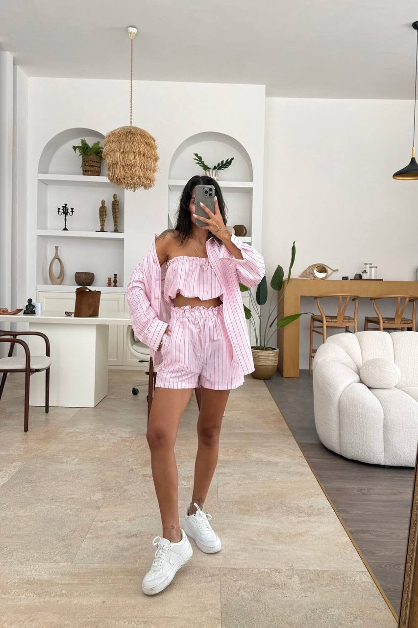Striped 3-Piece Co-ord Set – Shirt, Bandeau Top & Shorts