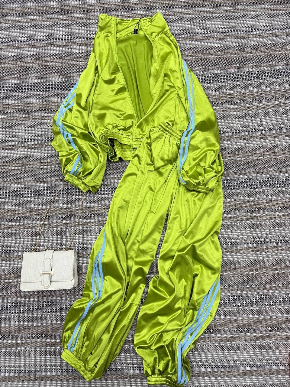 Satin 3-Stripe Zip Crop Jacket & Wide-Leg Jogger Set