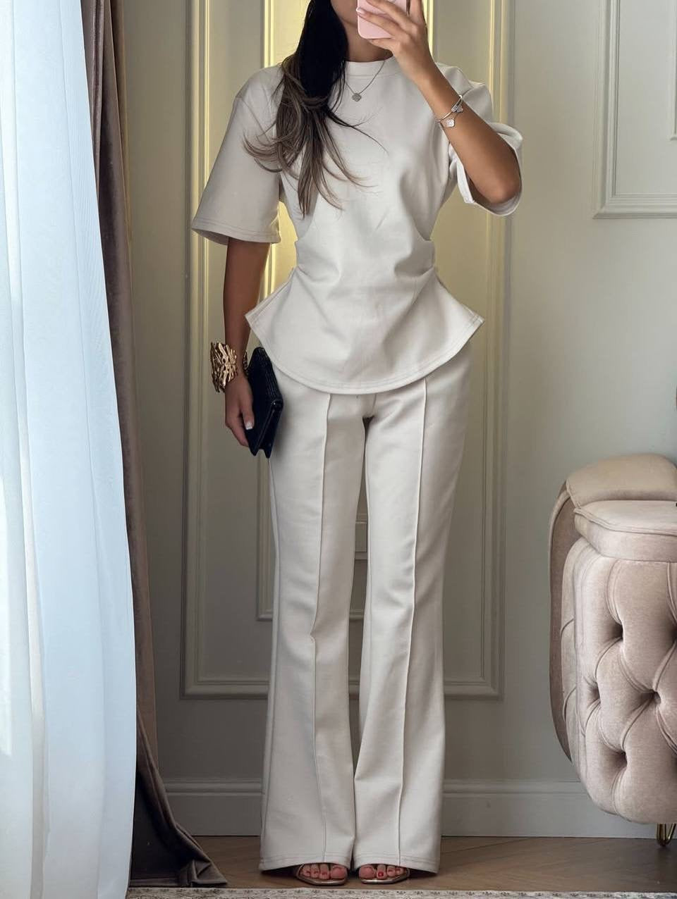 Peplum Detail Short-Sleeve Blouse & Wide-Leg Trousers Co-ord Set