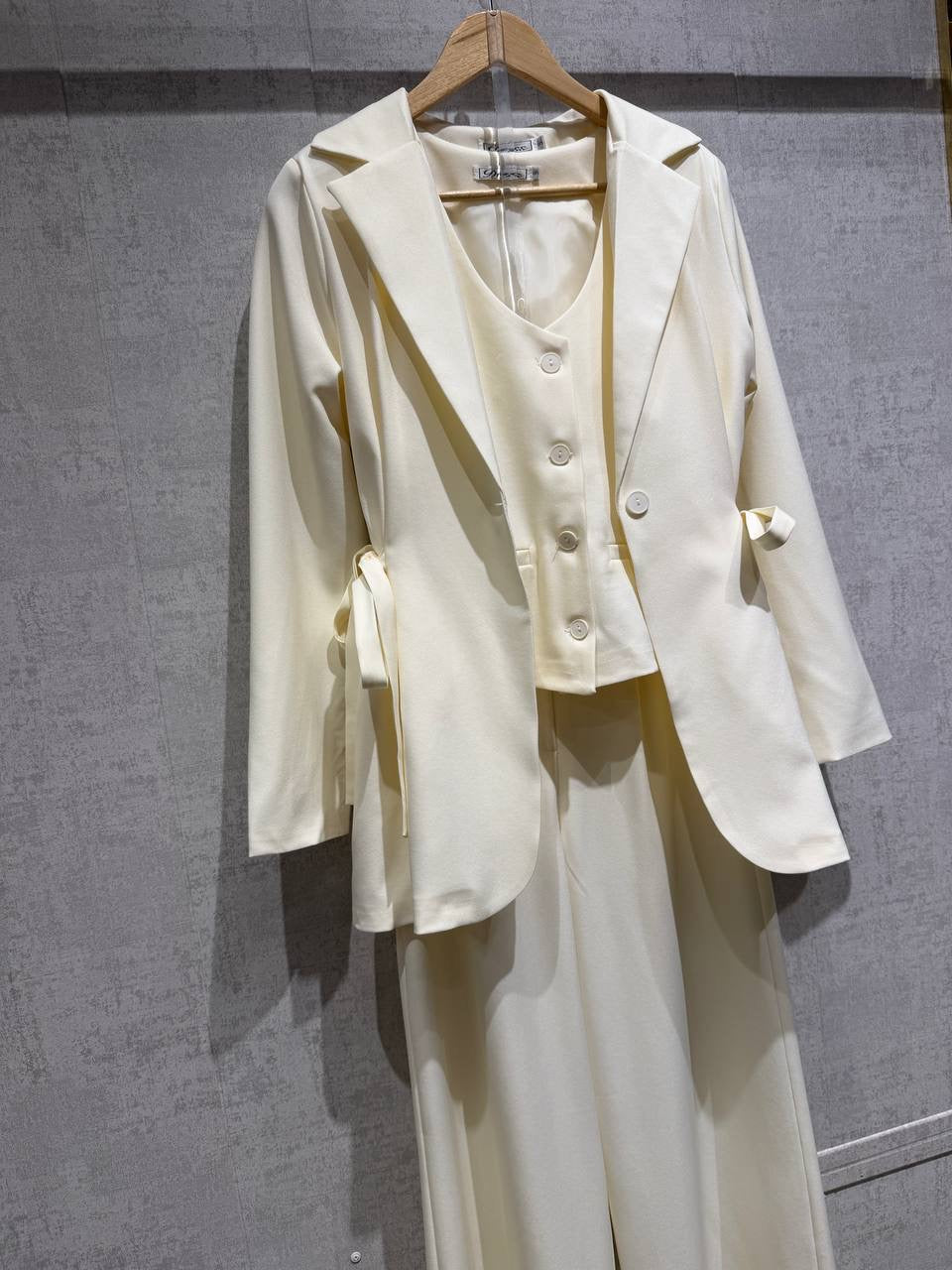 3-Piece Side-Tie Blazer, Button Vest & Wide-Leg Palazzo Suit Set