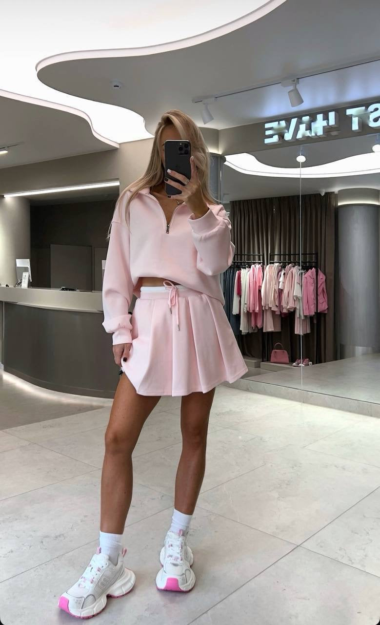 Half-Zip Crop Sweatshirt & Pleated Mini Skirt Co-ord Set