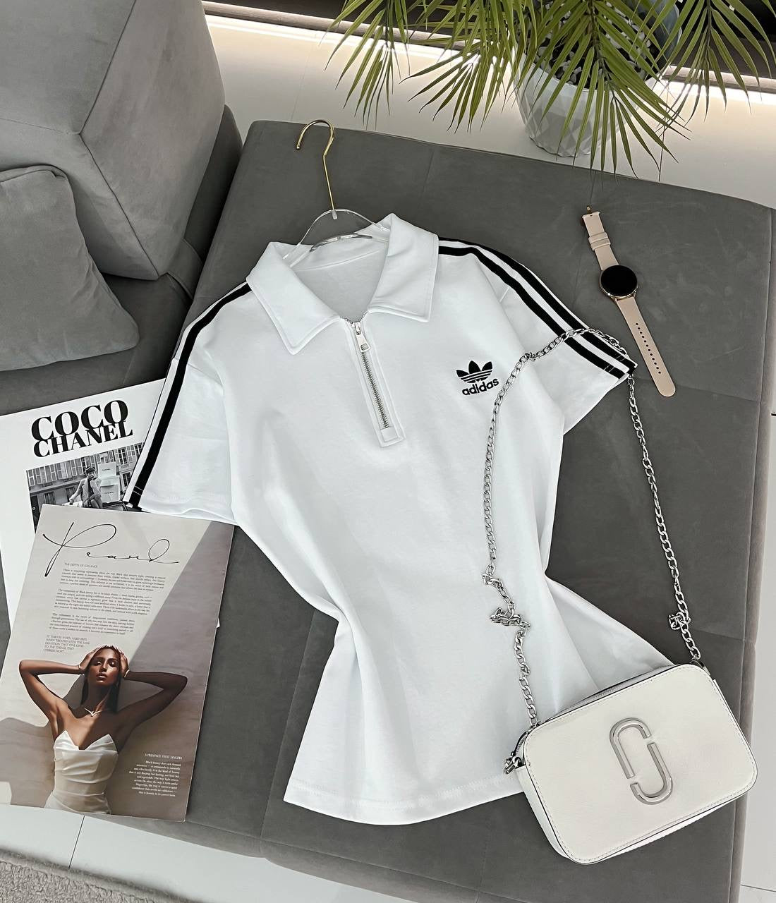 #4419 Logo Stripe Half-Zip Polo Crop Top with Chain Detail