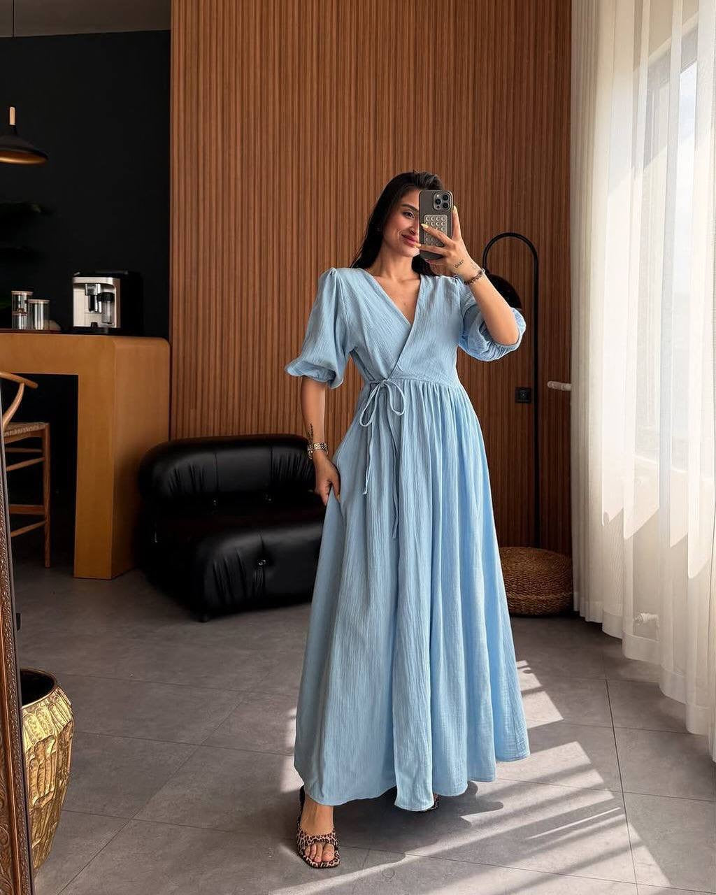 Crinkle Texture Puff Sleeve Wrap V-Neck Tie-Waist Maxi Dress