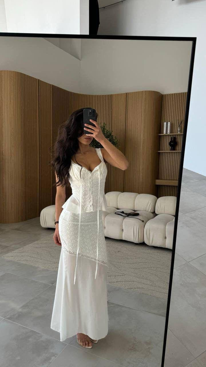 Broderie Anglaise Corset Frill Crop Top + Wide-Leg Trousers Set