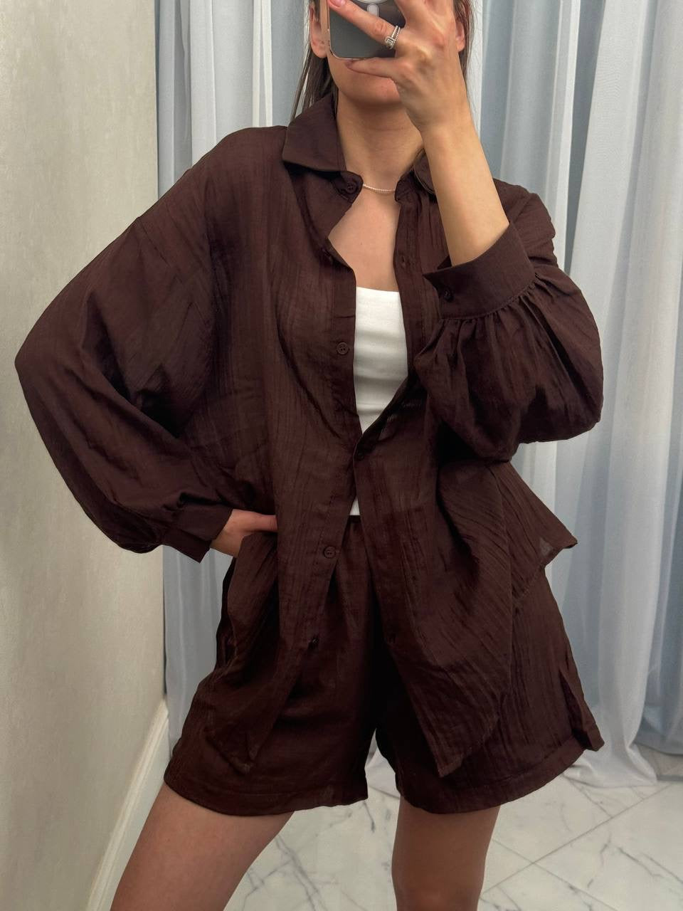 Crinkle Balloon Sleeve Shirt & Shorts Co-ord Set