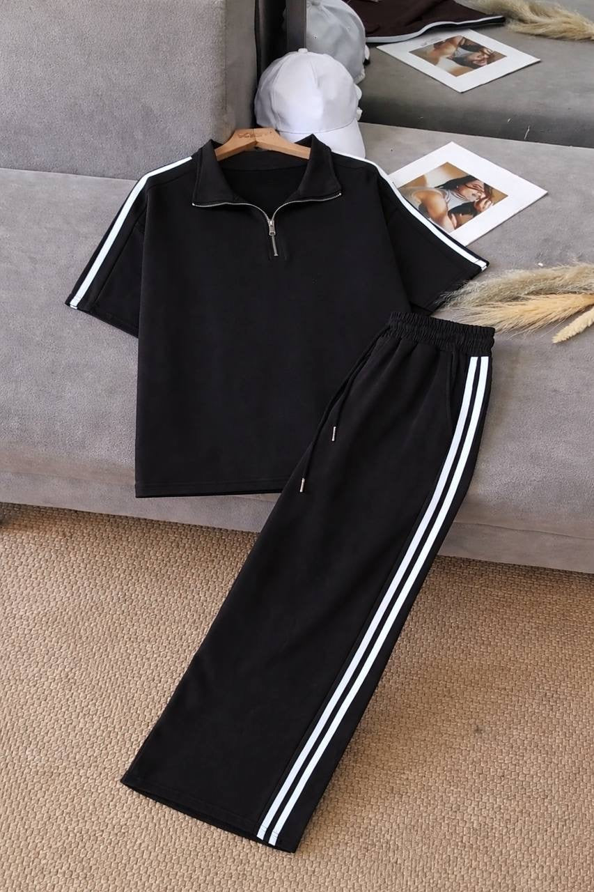 Side Stripe Half-Zip Crop Top & Wide-Leg Trousers Co-ord Set