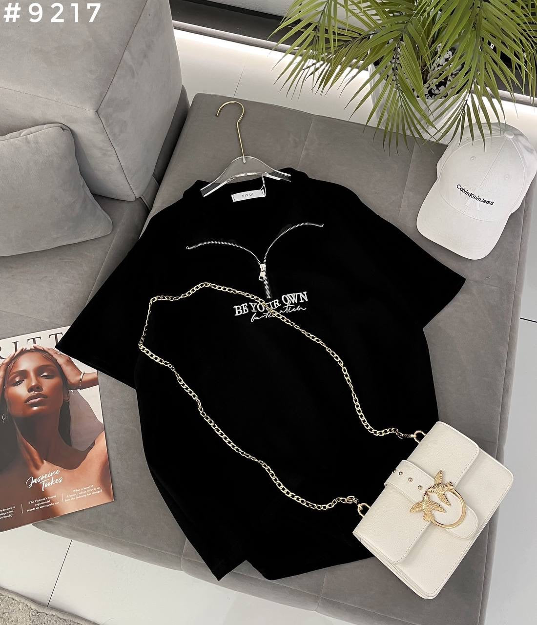#9217 Be Your Own Chain Detail Half-Zip Polo Oversized T-Shirt