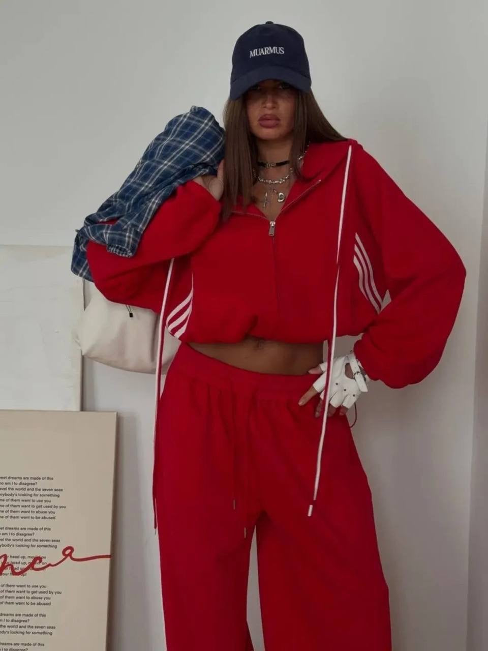 3-Stripe Oversized Cropped Zip Hoodie & Wide-Leg Sweatpants Set