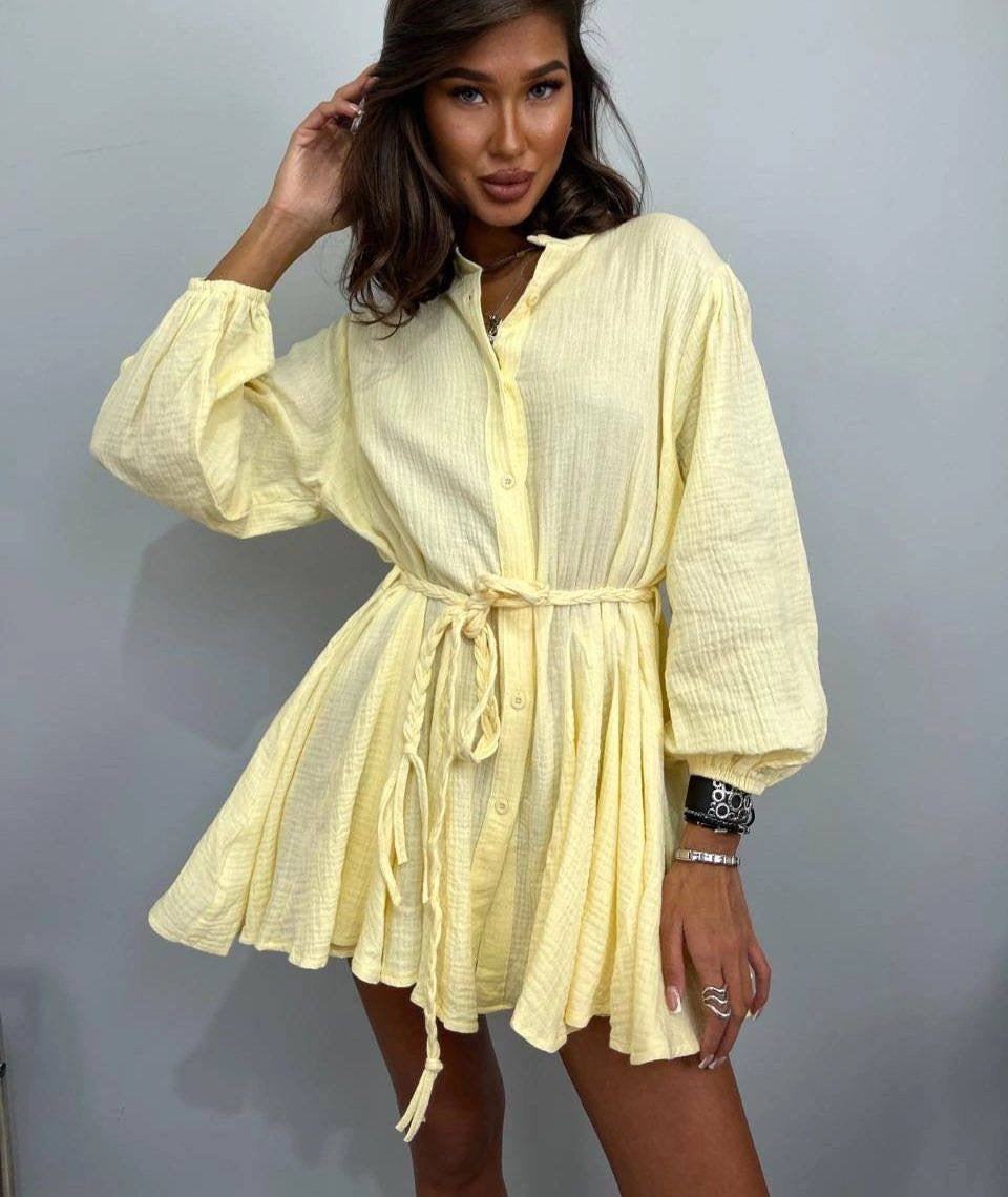 Balloon Sleeve Button-Down Mini Shirt Dress with Braided Belt