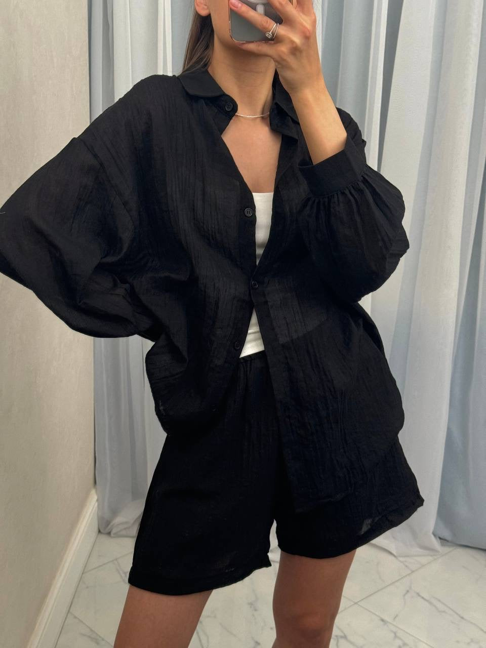Crinkle Balloon Sleeve Shirt & Shorts Co-ord Set