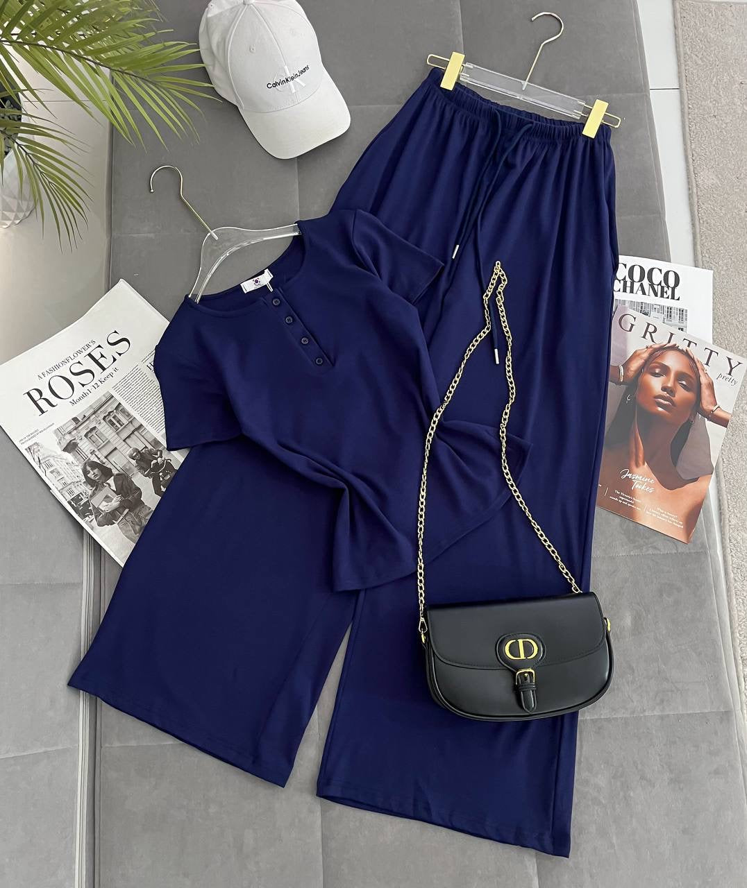 Henley Button Crew-Neck T-Shirt & Wide-Leg Palazzo Trousers Loungewear Set
