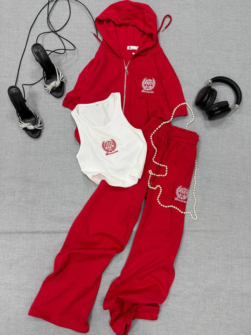 Bonnerie Embroidered 3-Piece Short Sleeve Zip Hoodie, Tank Top & Flare Pants Set