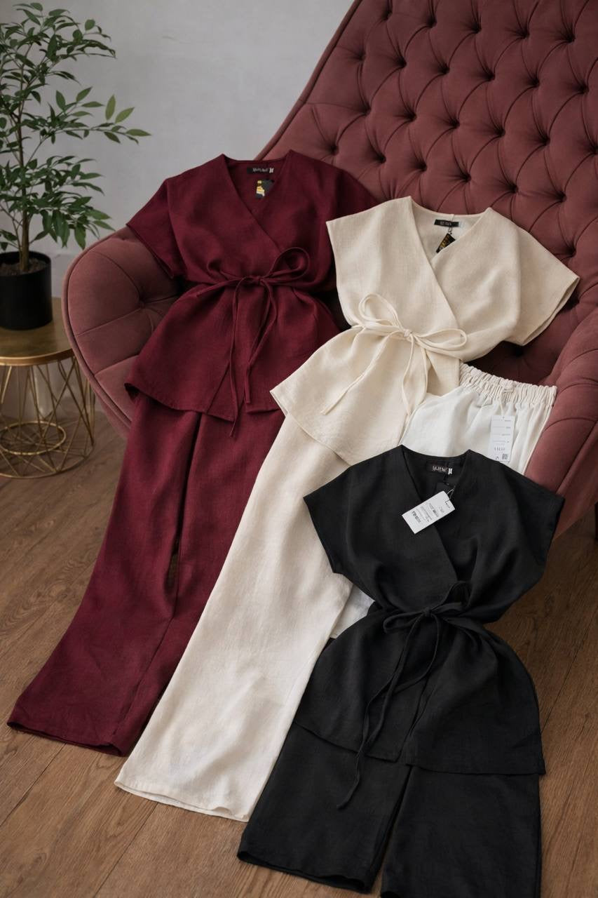 Linen Kimono Wrap Top & Wide-Leg Trousers Co-ord Set