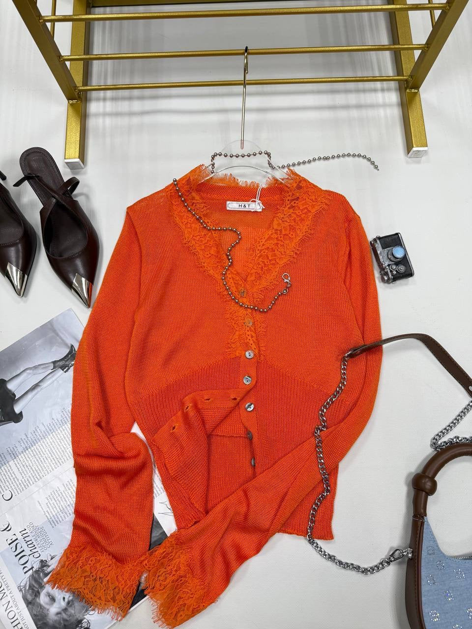 Lace Trim Sheer Knit Button-Up Cardigan