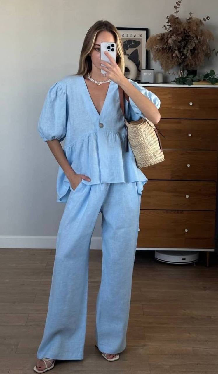 Puff Sleeve V-Neck Frill Peplum Blouse & Wide-Leg Trousers Co-ord Set