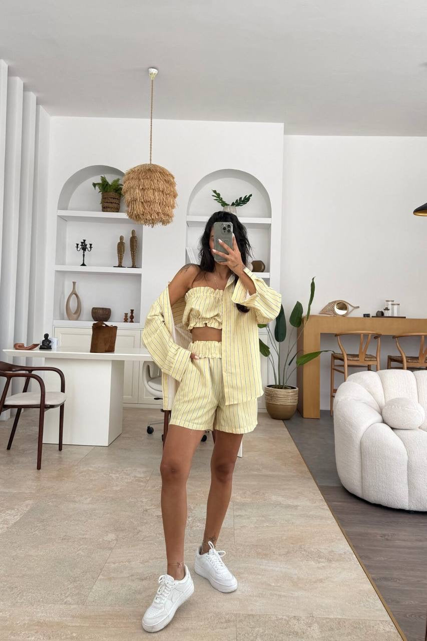 Striped 3-Piece Co-ord Set – Shirt, Bandeau Top & Shorts