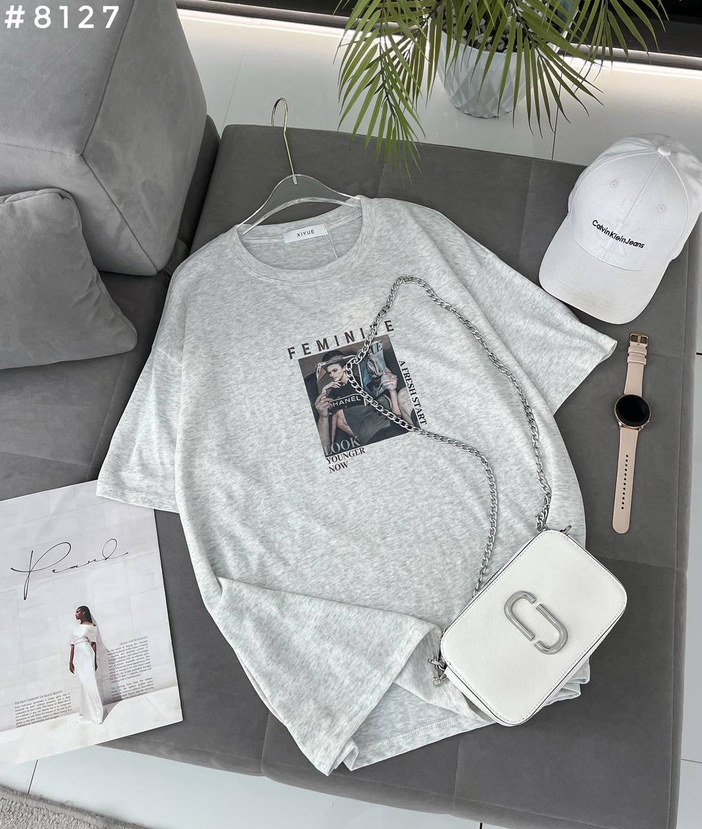 Feminite Magazine Print Oversized T-Shirt #8127