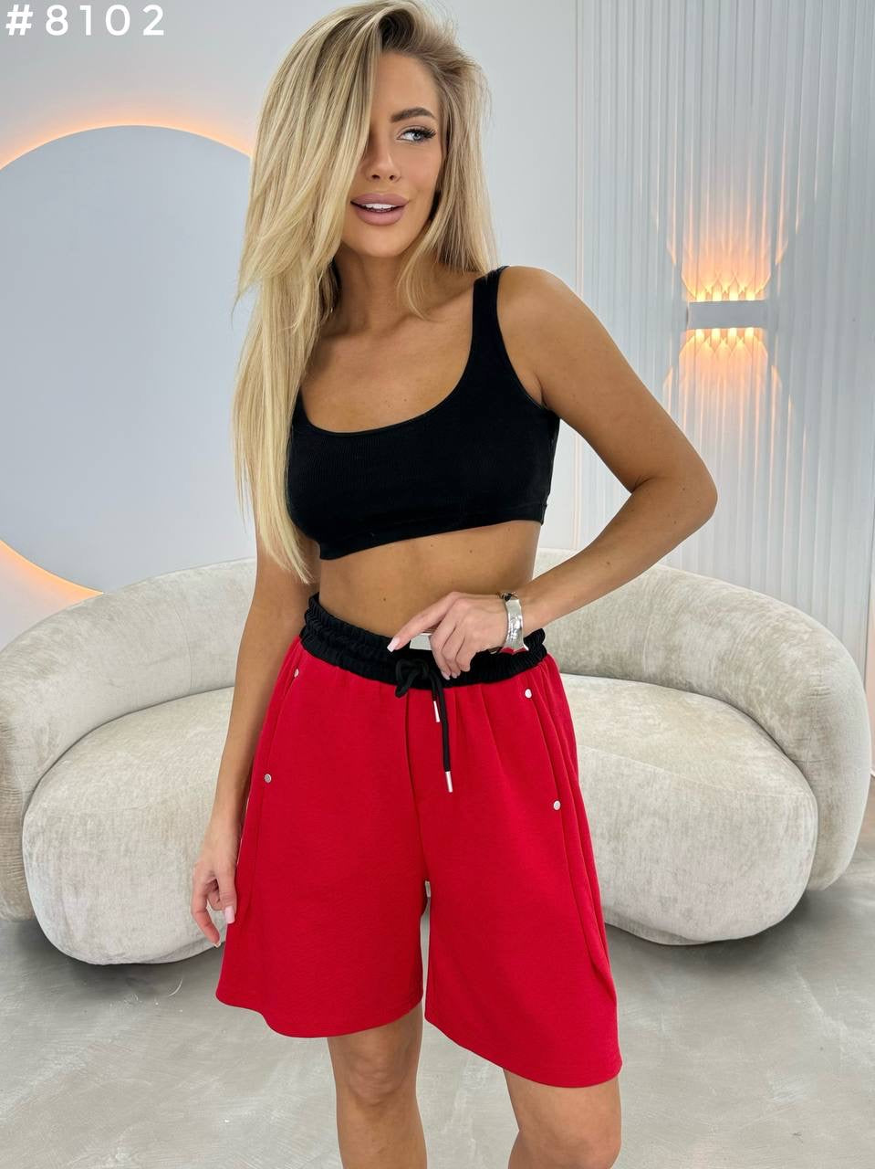 #8102 Contrast Waistband Drawstring Bermuda Shorts