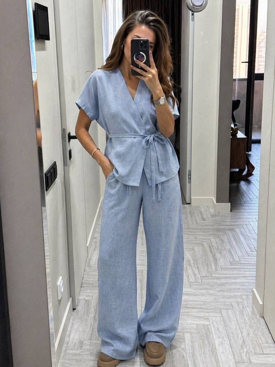Linen Wrap V-Neck Top & Wide-Leg Trousers Co-ord Set