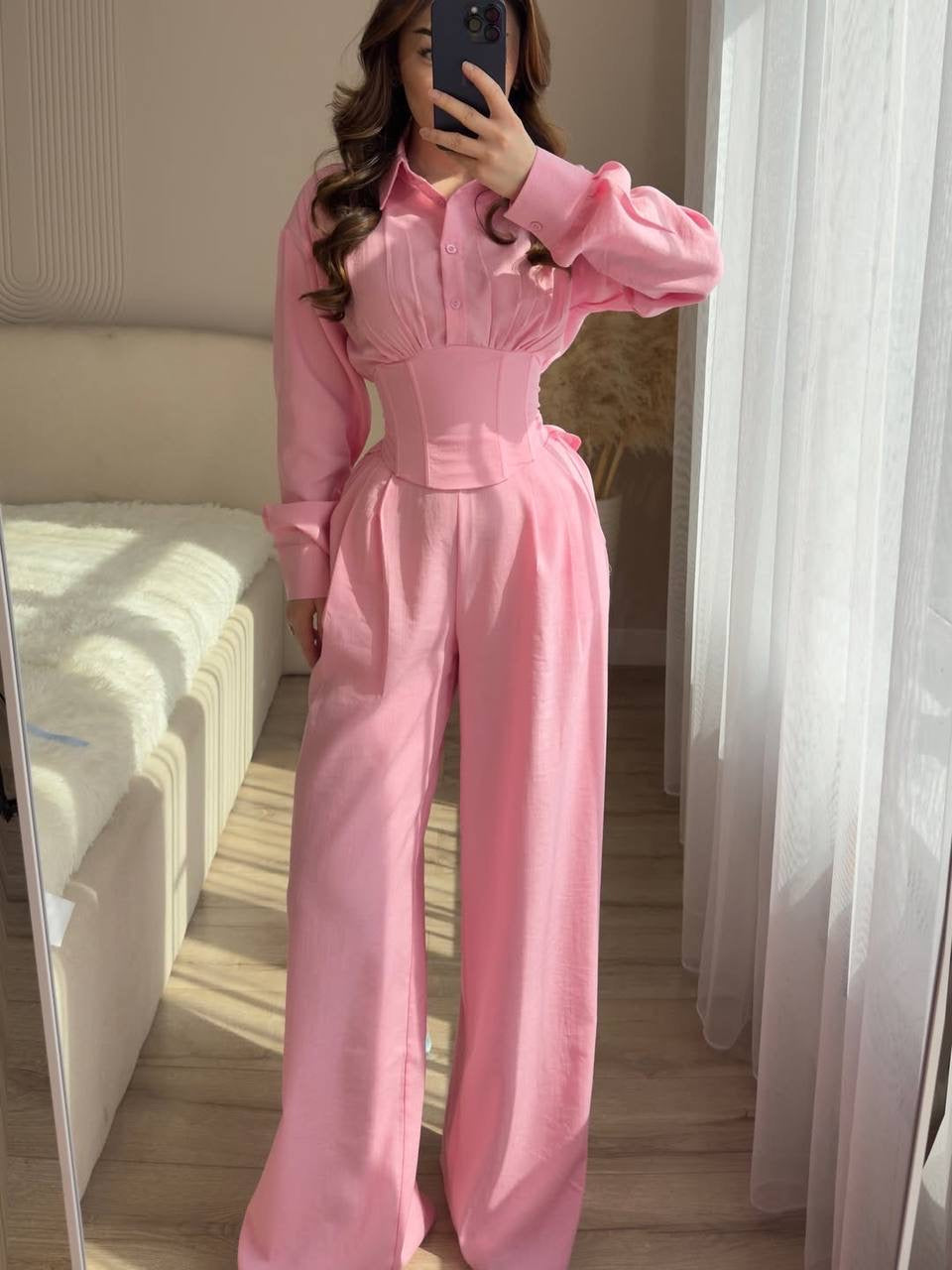 Corset-Waist Long Sleeve Shirt & Wide-Leg Palazzo Trousers Set