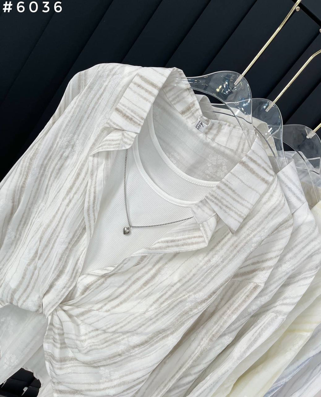 #6036 Crinkle Texture Twist Front Sheer Oversized Shirt + Crop Top Set