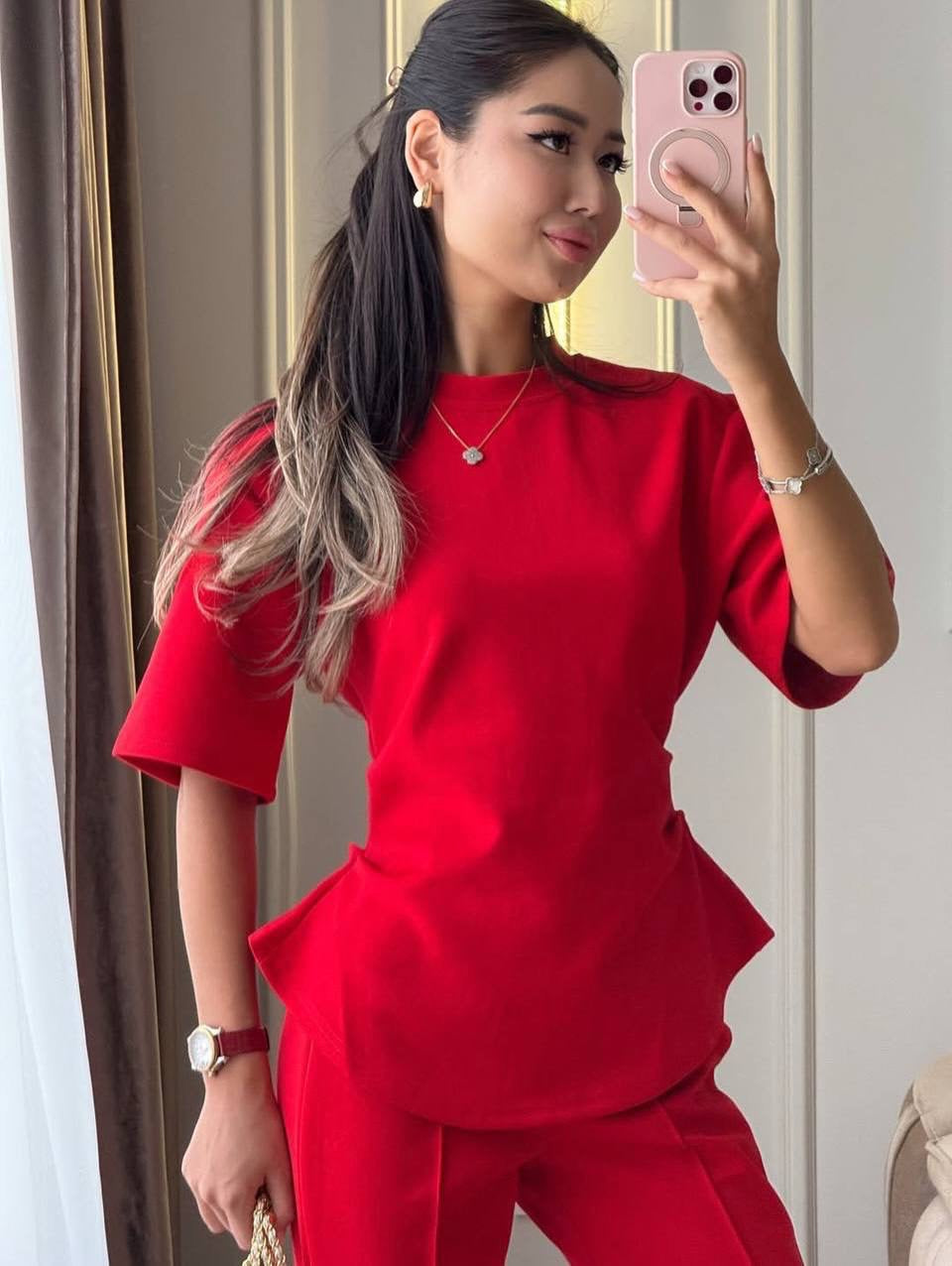 Peplum Detail Short-Sleeve Blouse & Wide-Leg Trousers Co-ord Set