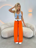 Contrast Waistband Wide-Leg Sweatpants with Coloured Drawstring #8096