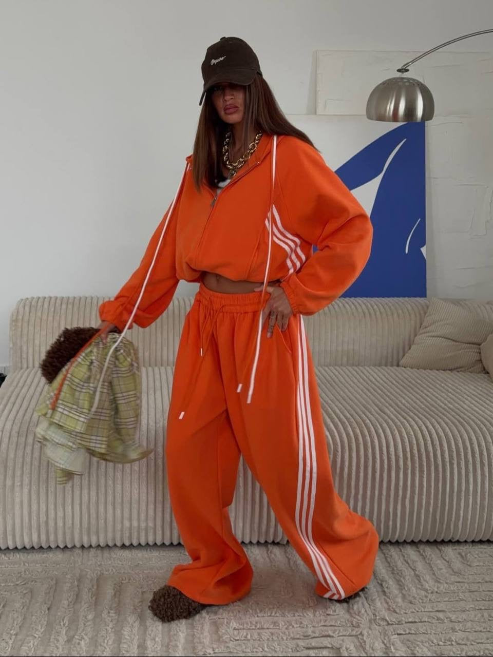 3-Stripe Oversized Cropped Zip Hoodie & Wide-Leg Sweatpants Set
