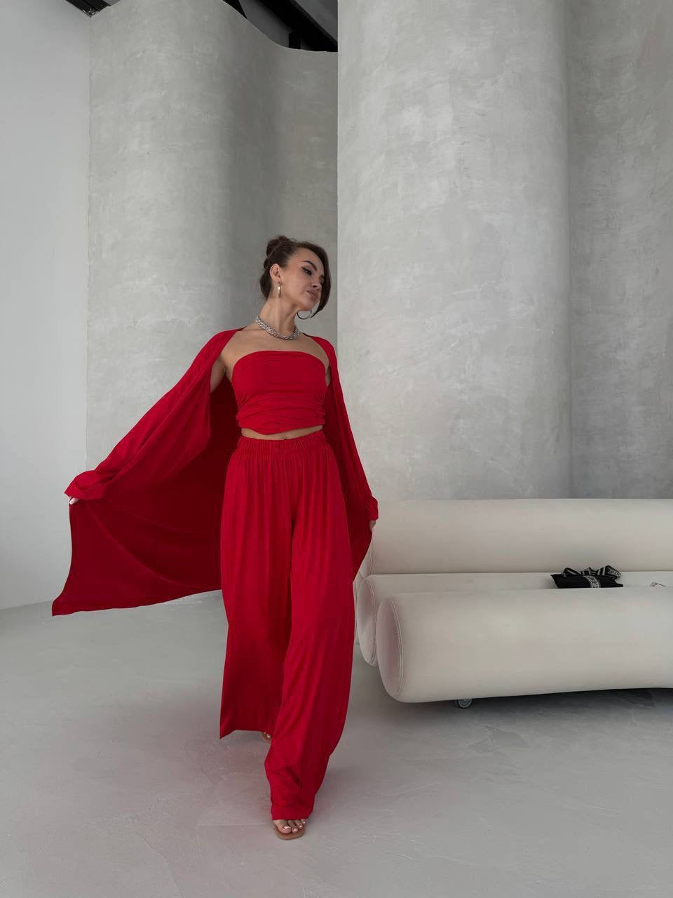 3-Piece Maxi Duster Kimono, Bandeau Crop Top & Wide-Leg Palazzo Set