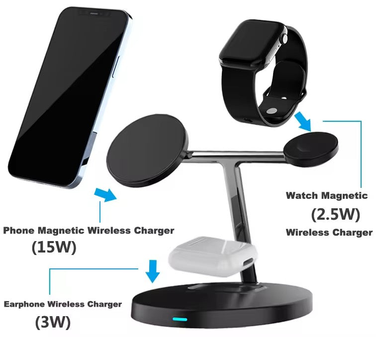 3-in-1 Magnetic Wireless Charging Station – 15W Fast Charger for iPhone, Apple Watch & AirPods