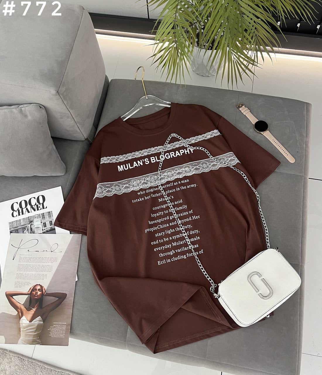 #772 Mulan's Blography Lace Trim Oversized T-Shirt