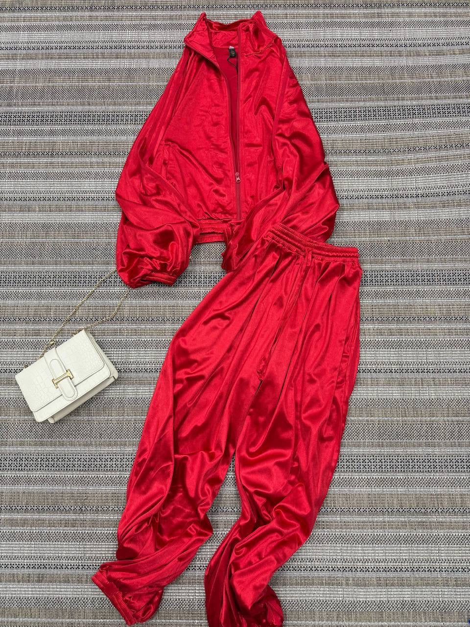 Satin 3-Stripe Zip Crop Jacket & Wide-Leg Jogger Set