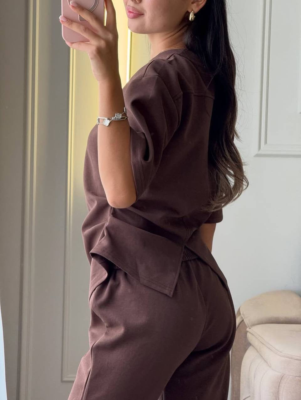 Peplum Detail Short-Sleeve Blouse & Wide-Leg Trousers Co-ord Set