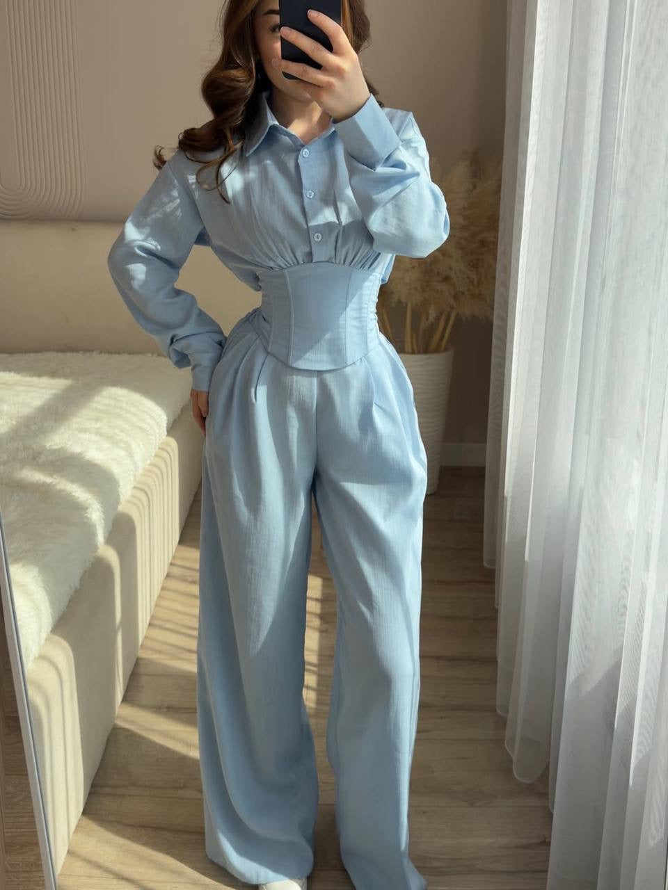 Corset-Waist Long Sleeve Shirt & Wide-Leg Palazzo Trousers Set