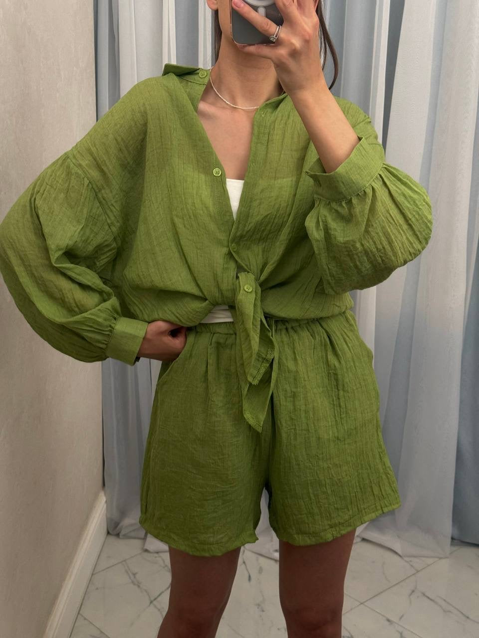 Crinkle Balloon Sleeve Shirt & Shorts Co-ord Set