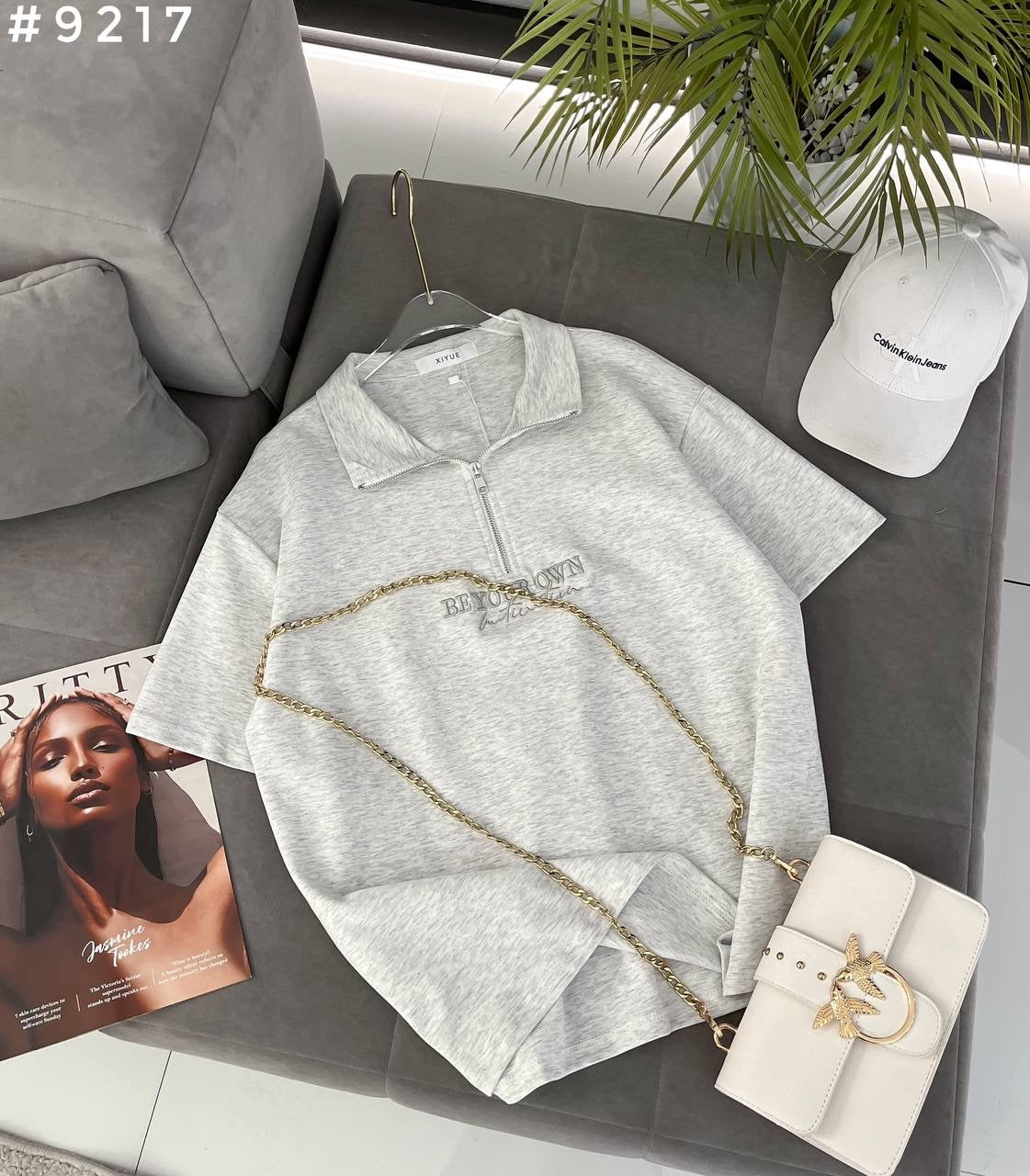 #9217 Be Your Own Chain Detail Half-Zip Polo Oversized T-Shirt