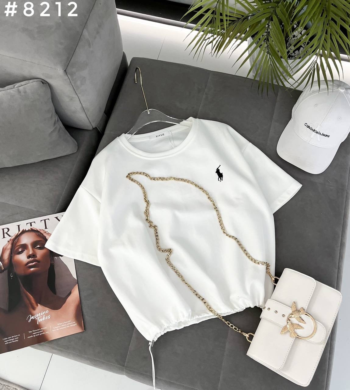 #8212 Polo Embroidered Chain Detail Drawstring Crop T-Shirt