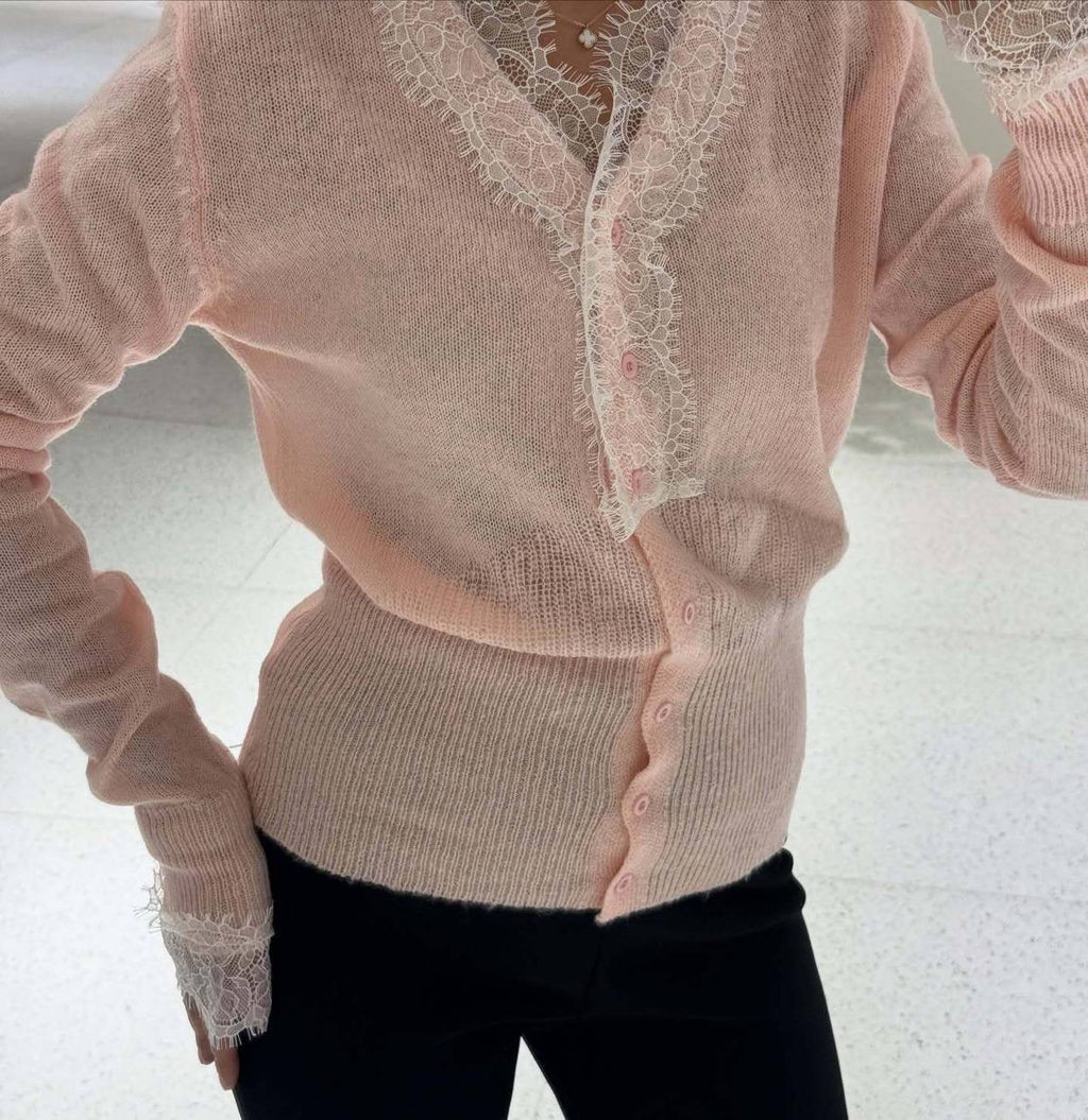 Lace Trim Sheer Knit Button-Up Cardigan
