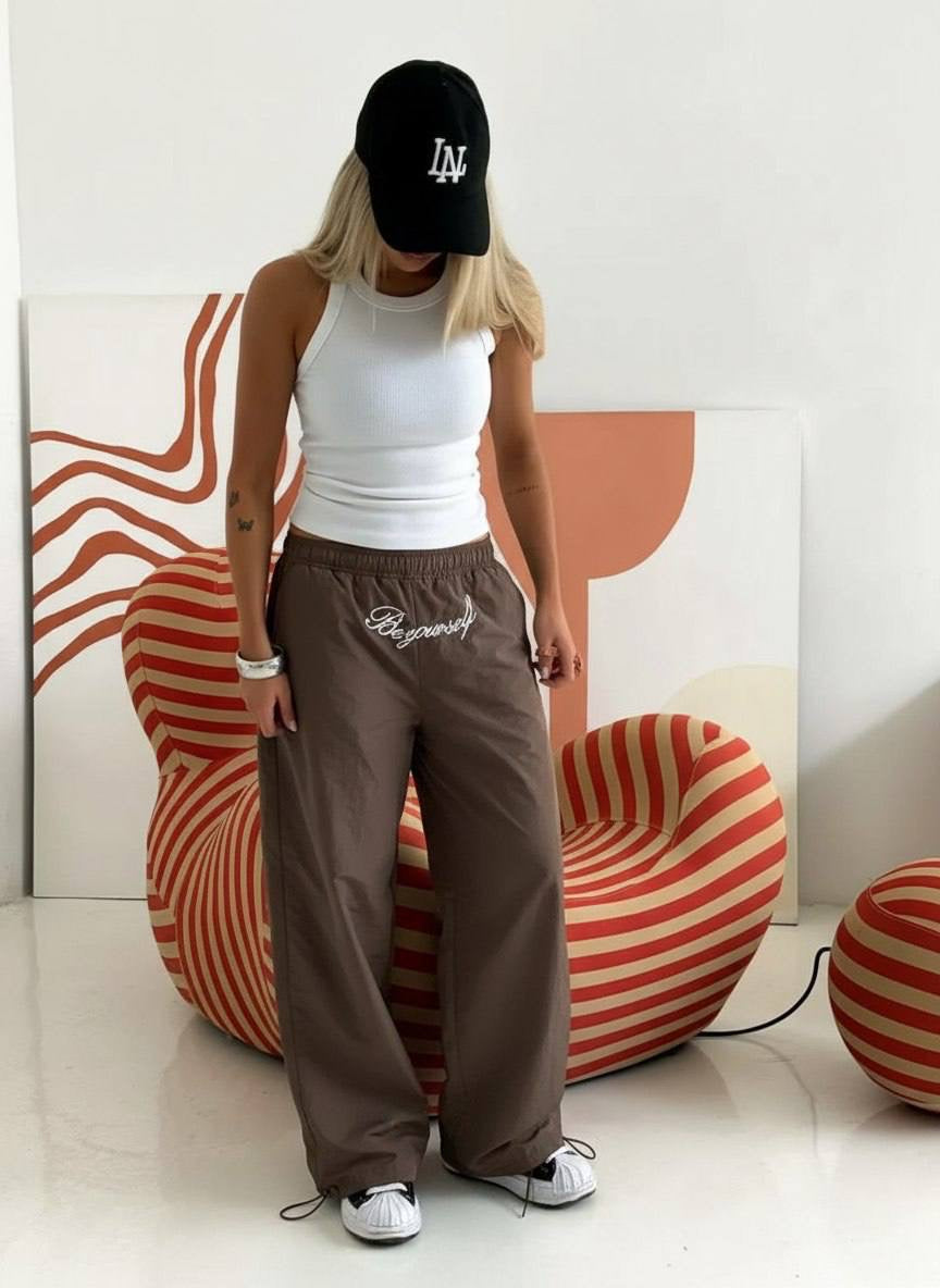 Be Yourself Embroidered Oversized Wide-Leg Parachute Trousers