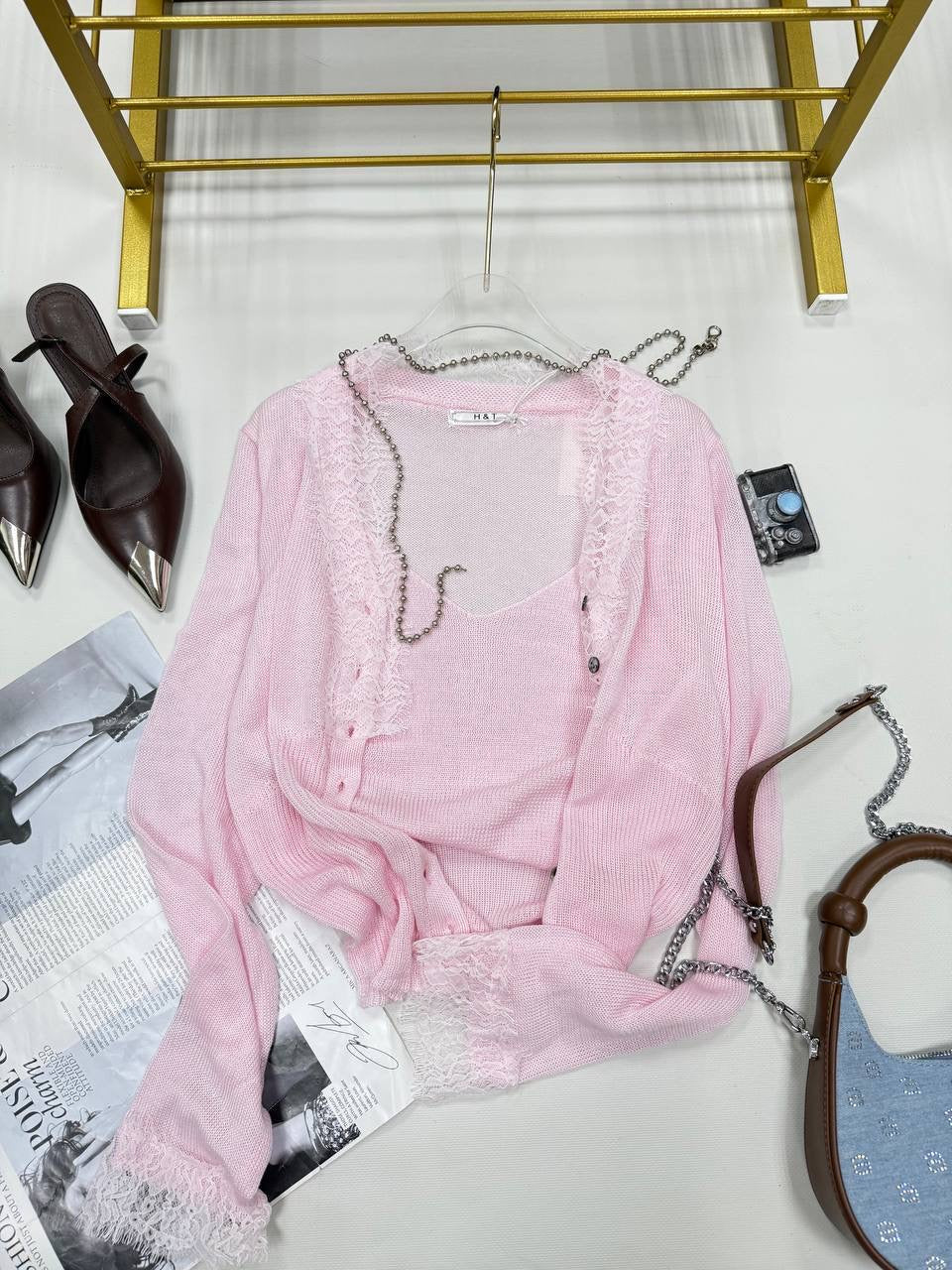 Lace Trim Sheer Knit Button-Up Cardigan