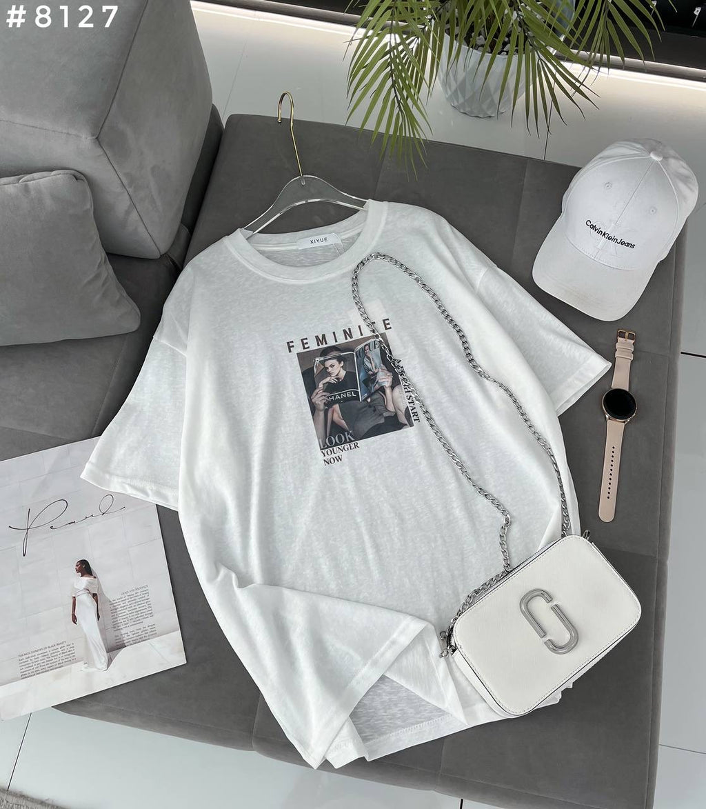 Feminite Magazine Print Oversized T-Shirt #8127