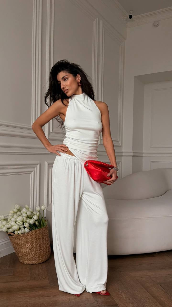 Halter Neck Ruched Backless Crop Top & Wide-Leg Palazzo Trousers Co-ord Set